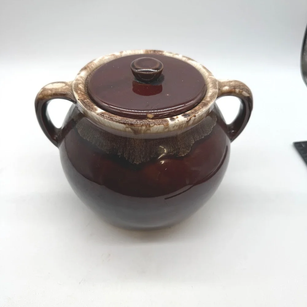 Vintage Brown Drip Glaze Ceramic Bean Pot Cookie Jar with Lid Dual Handles MCM